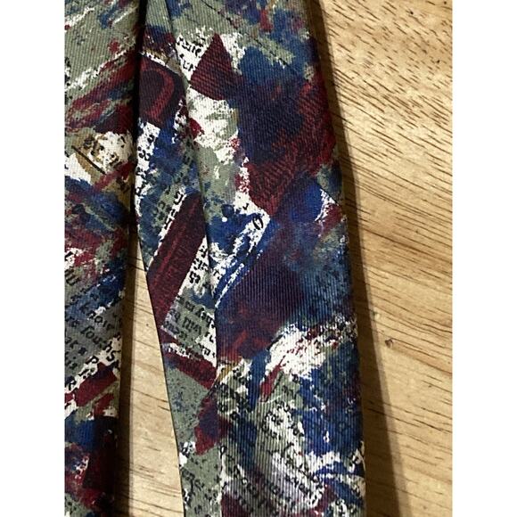 Structure VTG Abstract Olive Green Blue Dark Red White 100% Silk Tie - Picture 4 of 6